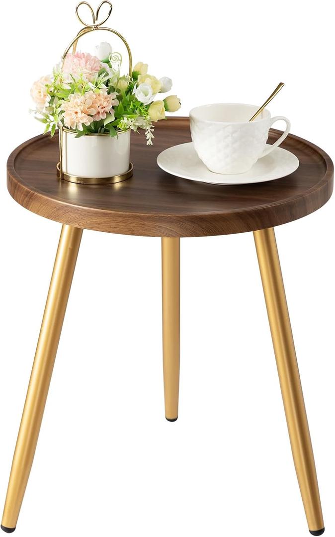 Danpinera Round Side Table, Metal Legged Accent Table with Wooden Tray, Small Round End Table for Living Room, Bedroom, Nursery, Brown & Gold, Round, 14.96-inch Diameter