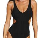 Womens Sexy One Piece Bathing Suits Tummy Control Scoop Neck Padded Swimsuit Open Back High Cut Slimming Swimwear (Large, Black-cutout Side)