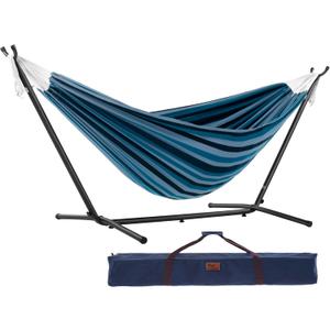 Vivere Double Cotton Hammock with Space Saving Steel Stand, Upgraded Polyester End Strings 450 lb Capacity - Premium Carry Bag Included - USA Grown Cotton (Blue Lagoon)