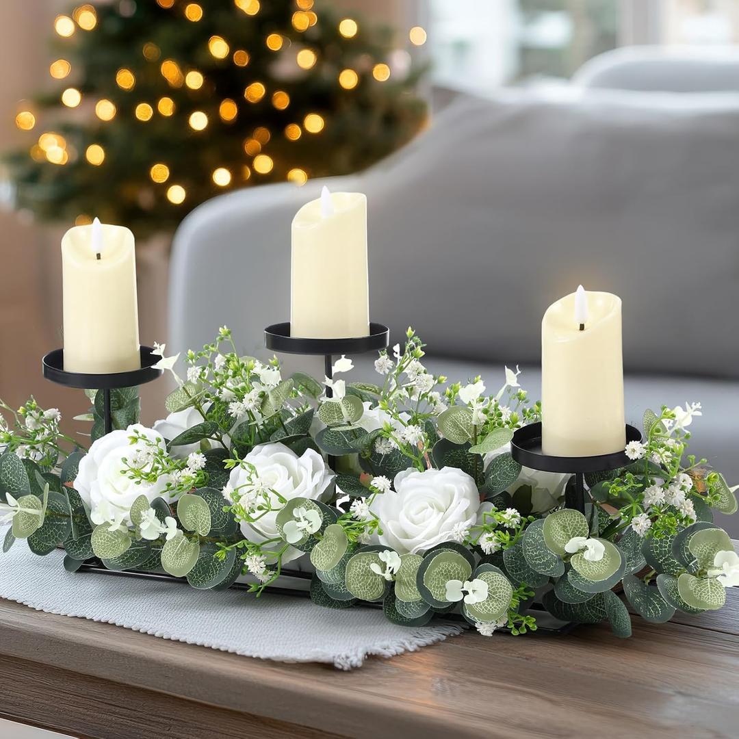 Zonon 21.6" Wedding Candle Centerpiece with Eucalyptus Leaves and Roses 3 Wedding Pillar Candle Holder Tabletop Decoration for Home Table Party Decoration (Eucalyptus and Roses)