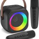 Jeefu Mini Karaoke Machine, Portable Bluetooth Karaoke Speaker with 2 Wireless Microphones, Singing Machine with Party Lights for Kids and Adults, Birthday Gifts for Girls Boys Family Home Party (Black 2 Mics)