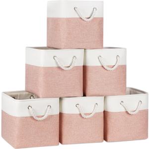 Temary 11 Inch Storage Cubes, Sturdy Fabric Bins with Metal Support & Soft Rope Handles, 6 Pack Foldable Nursery Organizer Baskets for Clothes, Home (White & Pink)