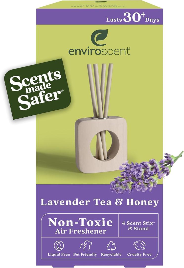 Enviroscent Non-Toxic Air Freshener for Home (Lavender Tea & Honey) Essential Oil Diffuser | Air Freshener | Home Fragrance Last Over 30 Days | 1 Mango Wood Stand & 1 Scent Stix Refill Kit
