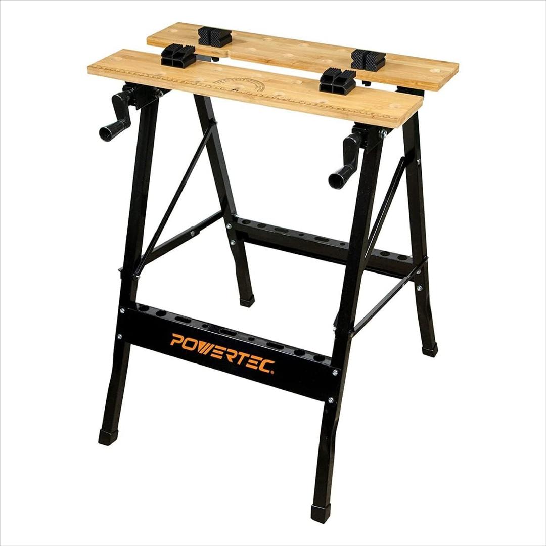 POWERTEC Portable Small Workbench with Vise, Imprinted Ruler and Protractor Scale, Folding Sawhorse/Worktable and 4 Bench Dogs for Woodworking Projects (MT4006V)