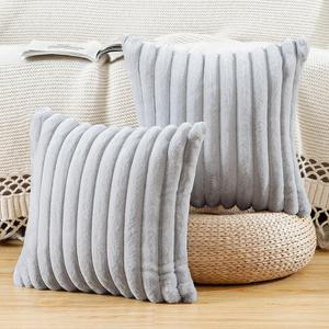 MADIZZ Set of 2 Faux Wool Plush Decorative Throw Pillow Covers 24x24 Inch Light Grey Fluffy Striped Soft Decorative Cushion Cover for Sofa Bedroom Pillow Shell