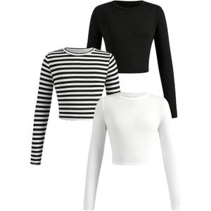 RoseSeek Girl's Long Sleeve Shirts Crew Nekc Slim Fitted Tight Fall Basic Tees Cute Crop Tops for Girls (Black and White)