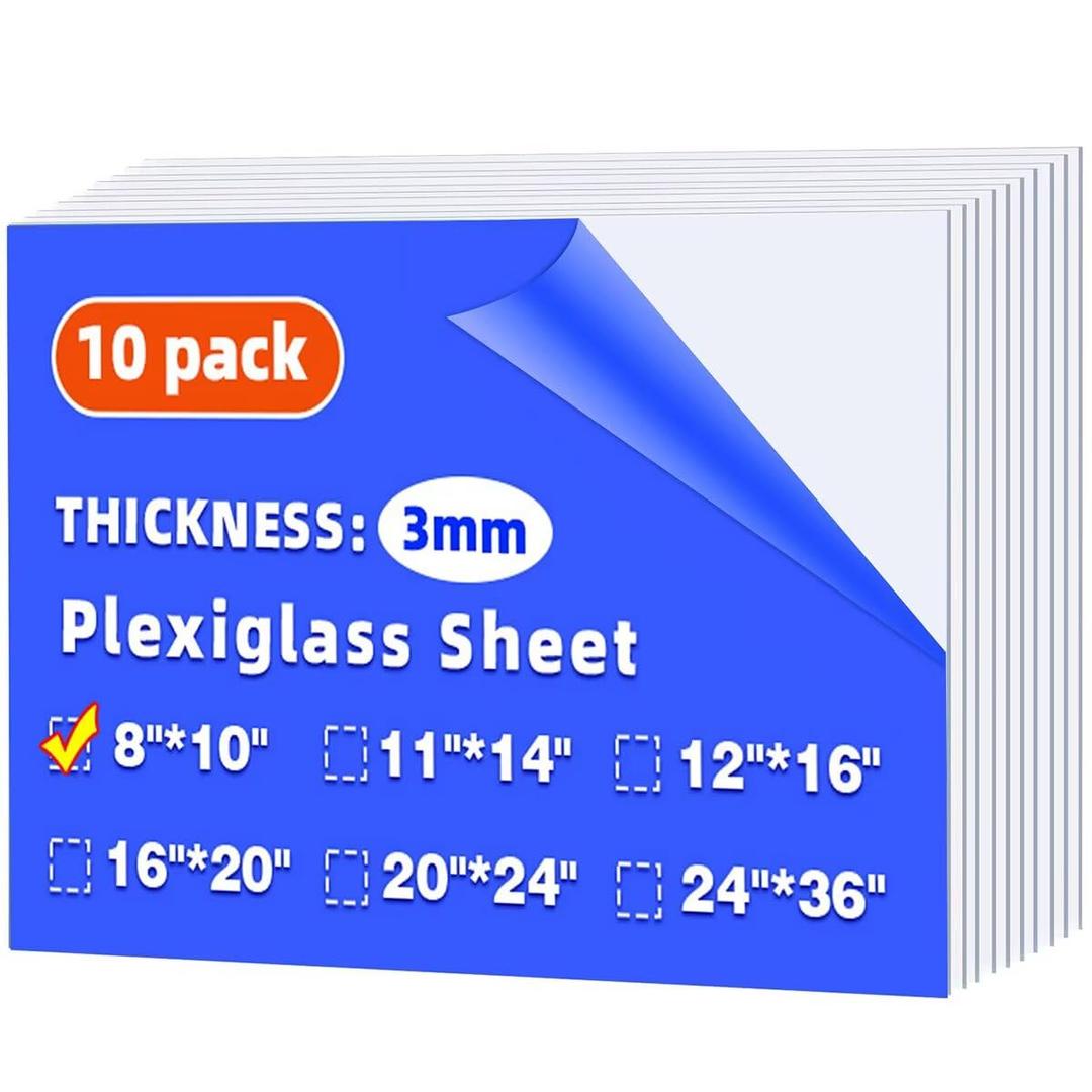 (10 Pack) 8" x 10" Plexiglass Sheets 1/8 inch Thick (3mm), Clear Acrylic Sheets Panel Cut to Size Plexiglass Acrylic Board, Cut with Engraver, Power Saw or Hand Tools, No Laser Cut.