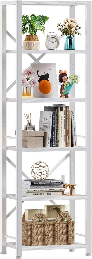 Furologee White Tall Bookshelf, Narrow Bookcase with 6 Shelves, Modern Freestanding Shelf Units, Metal and Wood Display Storage Corner Rack Organizer for Living Room, Home Office, Hallway, Bathroom (6 Tier - 15.3"W)