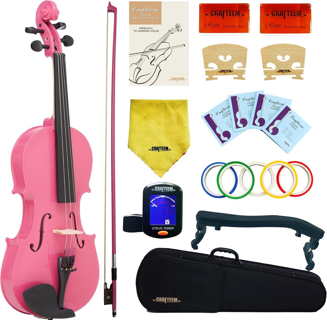 Crafteem 1/4 Fiddle Pick Colored Premium Violin Outfit for Beginners Adults Kids With 5 Color Fingering Tape- Handcrafted Student Beginner Violin. (Pink, 1/4)