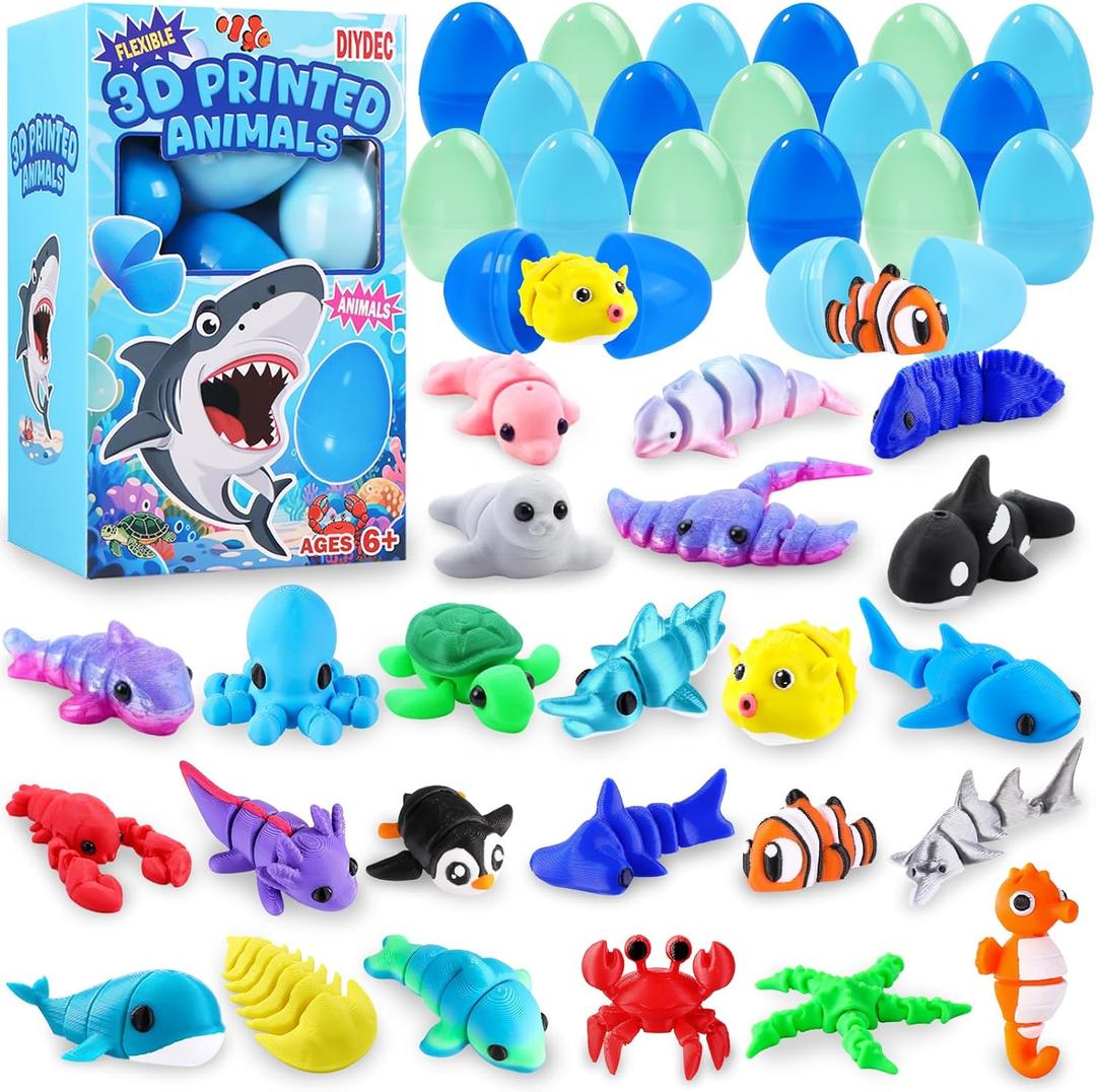 DIYDEC 24pcs Prefilled with Easter Eggs 3D Printed Animals, Mini 3D Printed Ocean Figurines Gifts Toys for Kids Easter Basket Stuffers for Boy Girl School Classroom Prizes Hunt Supplies Party Favors