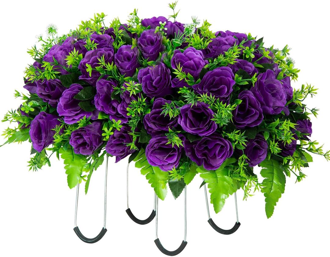Artificial Headstone Flower Saddle, Silk Cemetery Flowers Saddles, Artificial Rose Bouquet Grave Memorial Flowers with Headstone Flower Saddle for Graveyard Headstones Decoration (Purple)