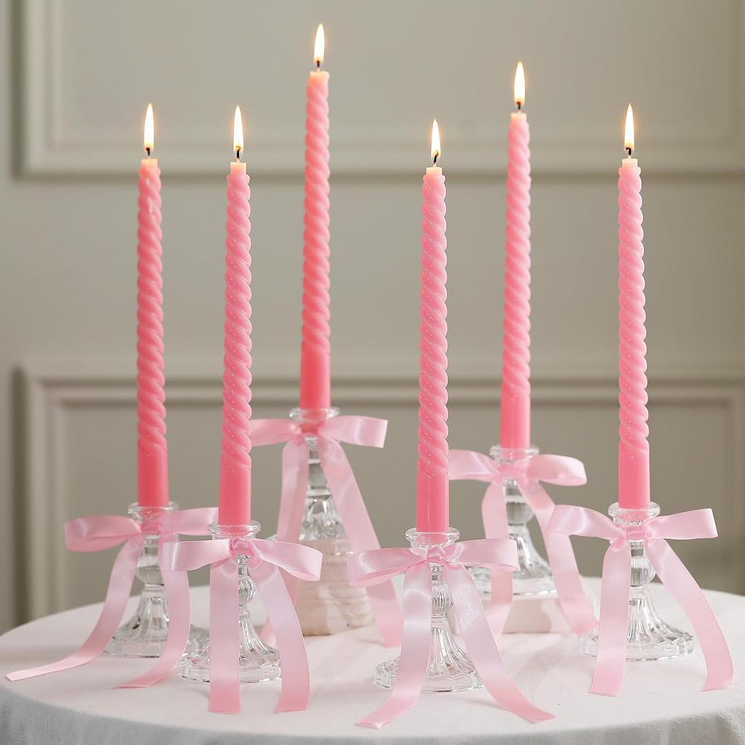 Mumufy 6 Set Pink Bow Candles Coquette Taper Candles with Candle Holder Bow Candlestick Holder Table Centerpieces Decorations Pink Gifts for Coquette Bachelorette Bridal Wedding Birthday Party