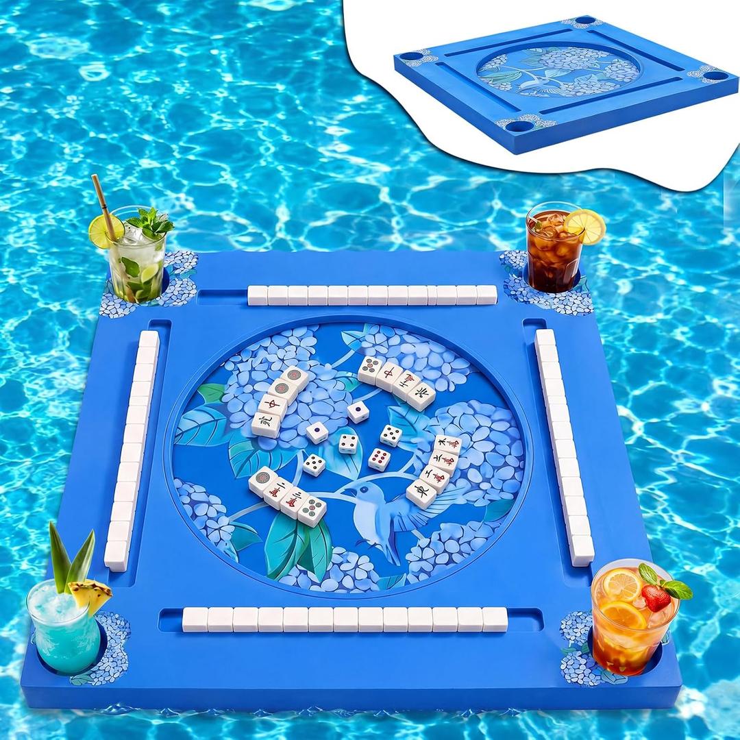 Floating Mahjong Table for Pool, EVA Floating Mahjong Mat with Tile Slots and Drink Holder for Card, Dominoes, Poker, Adult, Summer Beach Water Game, 29.5 x 29.5 Inches(Hydrangea)