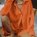 VamJump Women's 2 Piece Outfits Casual Long Sleeve Button Down Shirt and Shorts Tracksuit Matching Sets (Orange, M)