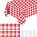 10 Pack Red Gingham Tablecloth, 108 x 54 Rectangular Red and White Checkered Tablecloths Disposable Red Plaid Table Cloth for Camping, Birthday, Picnic, Christmas, Weddingwith Stickers