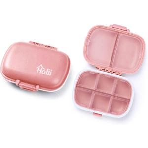 Holii  8 Compartments Travel Pill Organizer, Pocket Pharmacy for Purse Daily Pill Box Portable Medicine Organizer Vitamin Holder Container (Light Pink)