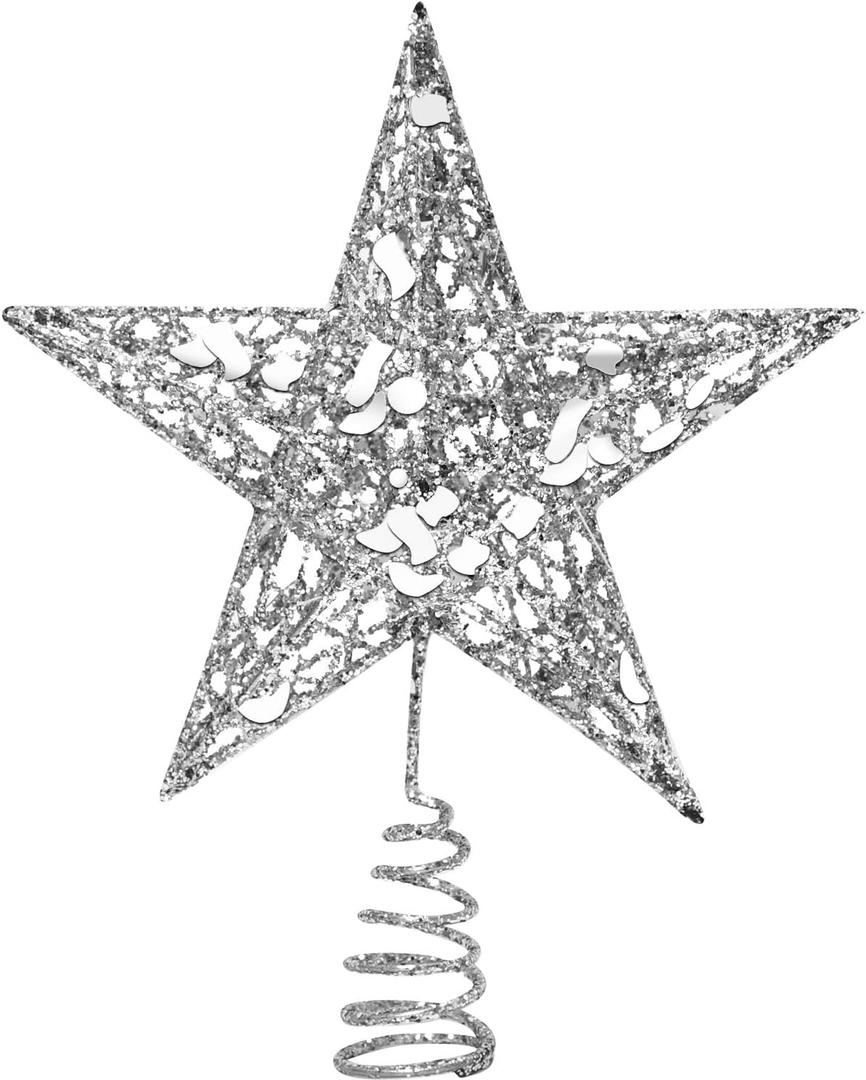 URATOT Glittered Christmas Tree Topper Metal Christmas Treetop Hallow Wire Star Topper for Christmas Home Decoration (6 inches, Silver)