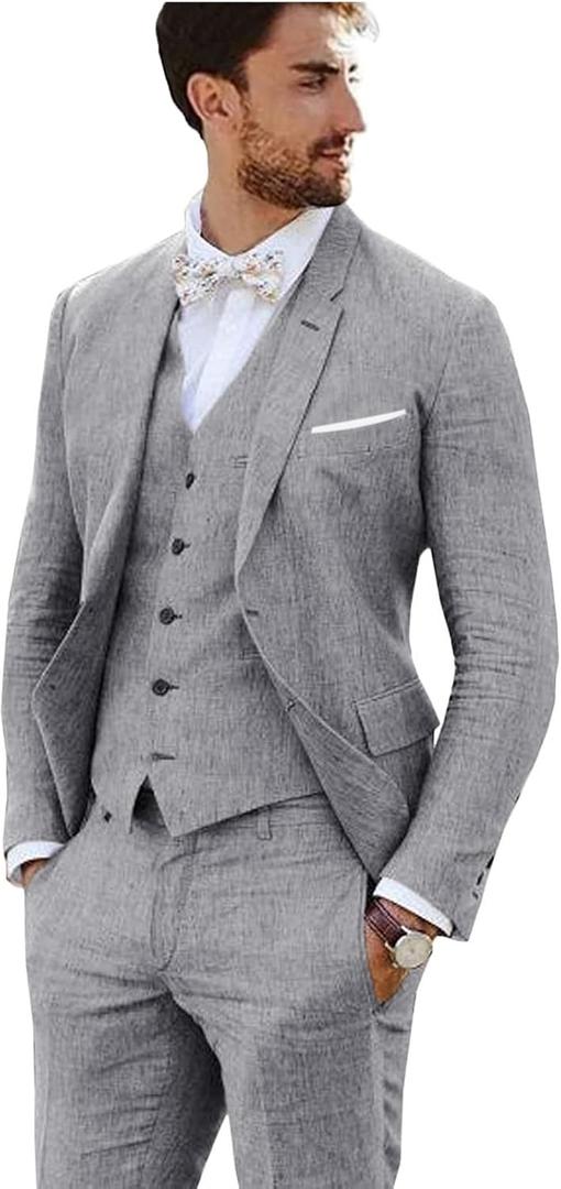 Linen Suit 3 Pieces Vintage Retro Wedding Prom Suits Slim Fit Jacket Blazer Groom Tuxedos (Gray)
