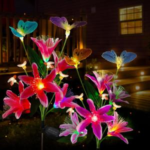 Solar Flower Lights Outdoor Garden Gifts Decor,2Pack Color Changing Lilies Flowers with Flying Butterfly and Bees,Lily Flower Solar Lights Outside for Path Yard Patio Lawn Grave Spring Decor