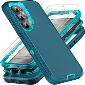 YKHJKLEC for Samsung Galaxy S24 Case, with 2Pcs [Self Healing Flexible TPU Screen Protector & Camera Lens Protector] Military Grade 3 in 1 Heavy Duty Case for S24 (Blue/Turquoise)