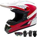 Youth Motocross Helmet Kids Dirt Bike Helmets ATV Bump Safty Helmet Full Face Motorcycle Helmet Off-Road Mountain Bike Helmet with Goggles Gloves Mask DOT Approved (White Red, XL)