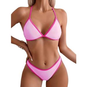 SHENHE Women's 2 Piece Bikini Set Swimsuit Color Block Criss Cross Halter Triangle Tie Back Swimwear, M