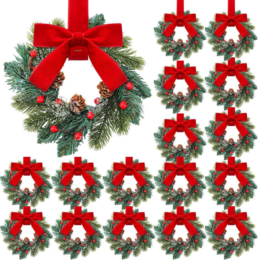 18 Pcs Mini Christmas Wreaths for Cabinet Kitchen Windows Decors Bulk with Red Bow Small Artificial Norfolk Farmhouse Wreaths with Berry Pine Cone for Fireplace Front Door Porch Wall Hanging