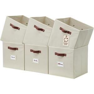 DECOMOMO Storage Bins, Cube Storage Bin with Labels, Fabric Storage Cubes for Shelves (10.5" x 11" / 6pcs, Beige)