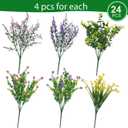 Hananona 24 Pcs Artificial Flowers Outdoor, Faux Artificial Plants UV Resistant Plastic Flower Bulk for Hanging Planter Porch Window Home Wedding Summer Decor (24, Fuchsia, Purple, Yellow, Green)