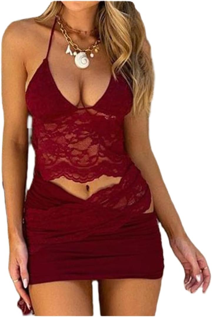 Hassembly Women Lace 2 Piece Skirt Set Sexy Low Cut Lace Mesh Crop Top Low Waist Ruched Mini Skirt Summer Y2k Bodycon Outfit (Medium, Red)