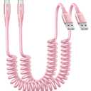 Coiled USB A to USB C Cable for Car [2-Pack, 6ft], USB Type C Cable Fast Charging, iPhone USB-C Charger Cable Compatible with iPhone 17/16/15/Plus/Pro/Pro Max/Samsung Galaxy A10e A20 A50 S20 S10E-Pink