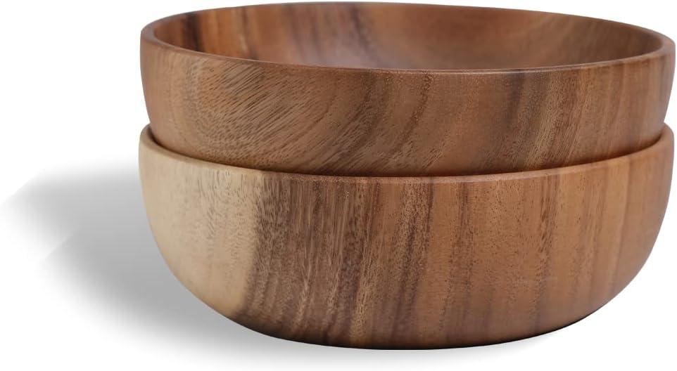Hand-Crafted From Solid Acacia Wood Salad Bowls 7.1 or 7.9 Inches Set of 2 Individual Large Wood Bowl for Fruits Salads and Decoration Fruit Bowl for Snacks