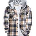 ZITY Men's Flannel Hoodie Shirts Casual Button Down Plaid Shirt Jackets for Men Long Sleeve Stylish Hooded with Pocket Navybeigewhite Medium