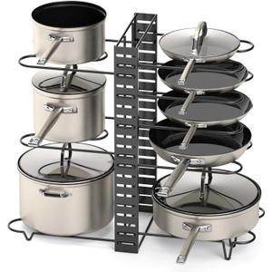 Vdomus Pot Rack Organizer with 3 DIY Methods, Black Metal Kitchen 8+ Pots Holder, Height and Position are Adjustable Cabinet Pantry Pot Lid Holder (Upgraded)