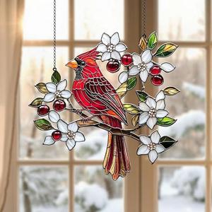 Cardinal Memorial Acrylic Suncatcher Stained Glass Effect Window Car Hanging Christmas Ornament Indoor Outdoor Decor Garden Sympathy Sun Catcher Panel for Family for Women Mom Grandma