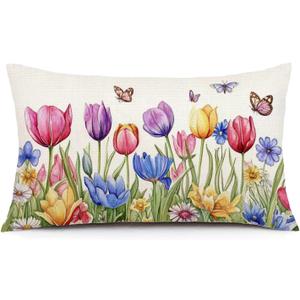 AOFANGGO Spring Pillow Cover 12x20 Inch Tulips Throw Pillow Cover Seasonal Floral Pillowcase Flowers Decorations for Living Room Outdoor Farmhouse Cushion Case