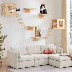 PETKABOO Cat Wall Shelves and Perches, Pine Wooden Cat Wall Furniture Climbing Shelves with Climber, Condo, Scratching Post, Ladder & Platform