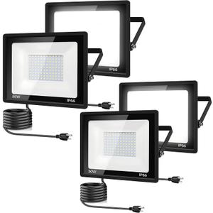 garageangle 4Pack LED Flood Light Outdoor,50W LED Work Light 5500lm with 6FT US Plug,IP66 Waterproof Exterior Security Lights,6000K Daylight White Outside Floodlights Slim Design for Playground Yard