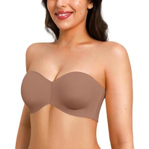 Popilush Strapless Push Up Minimizer Bras for Women Bandeau Support Unlined Bra Underwire Everyday Bras Tube Top (38DDD, Brown)