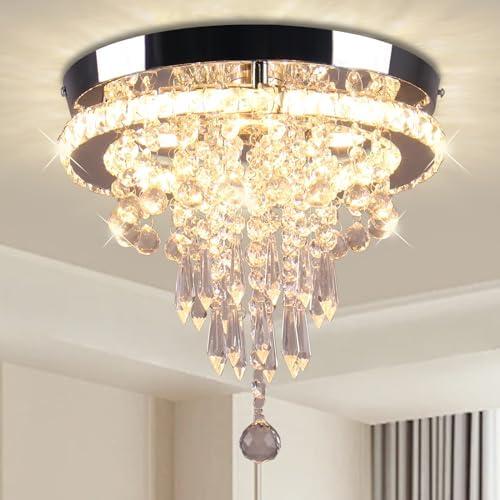 FRIXCHUR 11.8" Crystal Chandelier Modern Crystal Ceiling Light Flush Mount Ceiling Lighting Fixture Mini Chandeliers for Bedrooms Living Room Hallway (Warm)