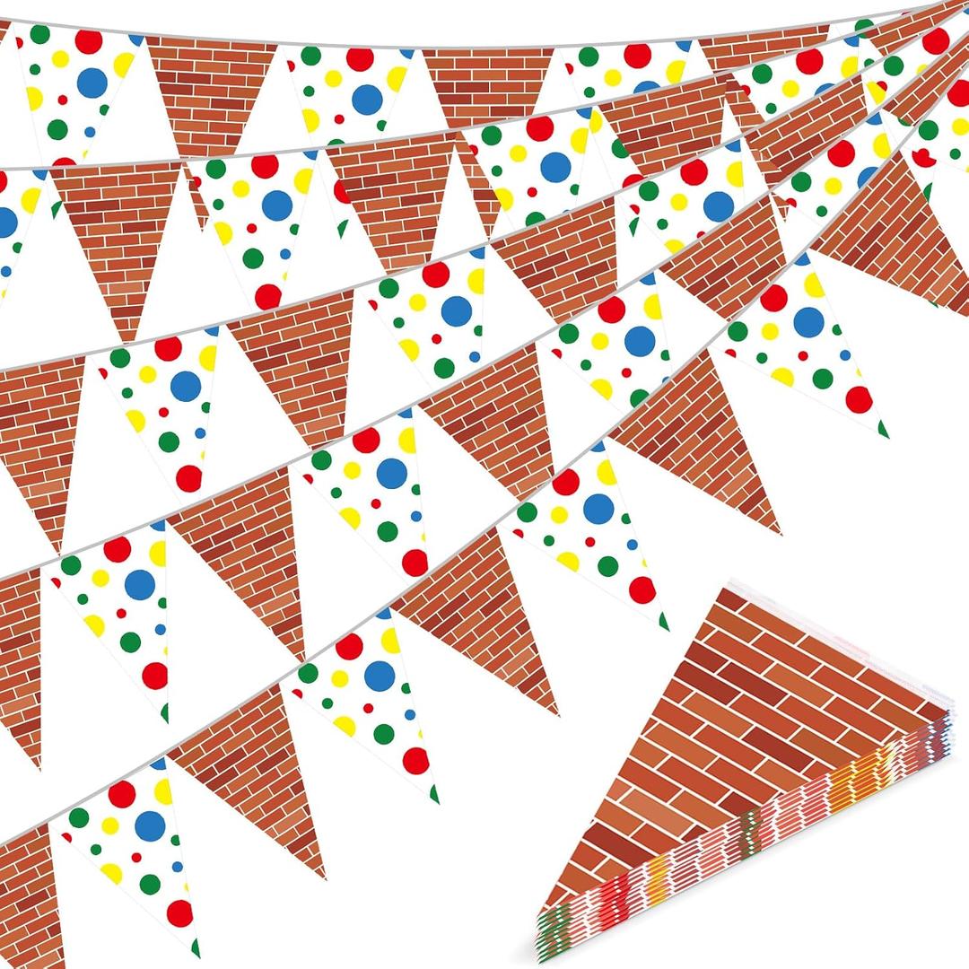 Pajean 5 Pcs Cartoon Street Party Decorations Cartoon Theme Pennant Garland Brick Wall Street Pennant Banners Flags Green Blue Red Dot Triangle Bunting Banner for Baby Shower Birthday Party Decor