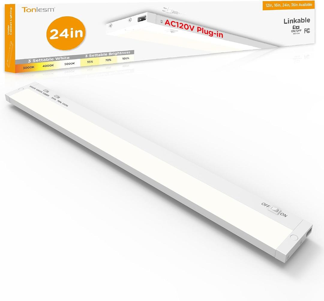 Under Cabinet Lighting Plug in,14W 120V 3 Color 3000K/4000K/5000K,3 Brightness,Super Bright,Ultra Thin Under Counter Lights for Kitchen,Linkable LED Cabinet Light(24inch,White,1Pack)