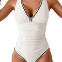 B2prity One Piece Swimsuit for Women Tummy Control Ruched Bathing Suit Push Up Tie Back Swimwear Shell Stitched (Large, White, Black)