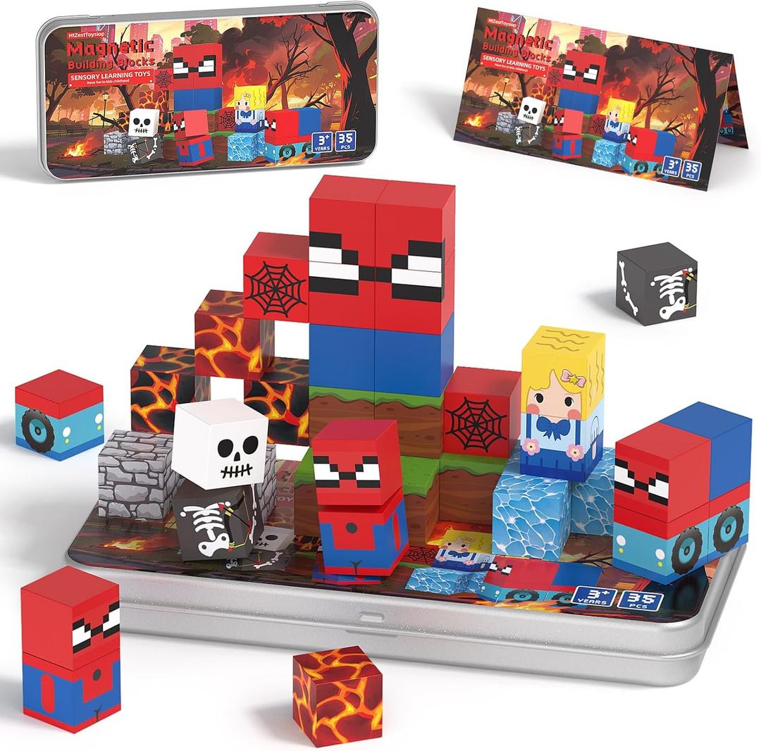 HtZestToysiop 35PCS Magnetic Blocks Travel, STEM Educational Mini Magnetic Blocks with Portable Iron Box, Christmas Birthday Gifts for Boys & Girls Ages 3 4 5 6 7 8, Spider