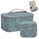 OCHEAL Makeup Bag Set, Portable Travel Makeup Bags Cosmetic Organizer Bag for Women Cute Floral Cosmetic Pouch Large Capacity Make up Bag PU Leather Toiletry Bags with Divider and Handle-Blue