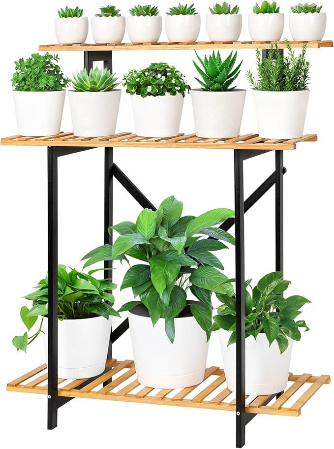 Bamboo Plant Stand Shelf Indoor Outdoor, 3 Tiered Wooden Flower Stands Stair Ladder Shelves for Tall Large Big Plants Small Succulent Holder Rack in Balcony Patio Garden Corner,Standing,Rectangular