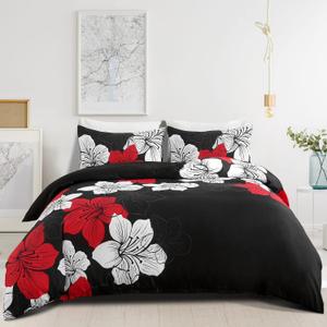 3 Pieces Duvet Cover Set Queen Red Floral Pattern Comforter Cover Elegant Boho Floral Duvet Cover with 2 Pillow Cases Lightweight Microfiber Bedding Duvet Cover Set All Season (Black, 90"x90")