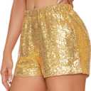 Zando Elastic High Waist Sequins Shorts for Women Solid Glitter Straight Leg Hot Bottom for New Year Disco Party Club Concert (X-Large, Gold)