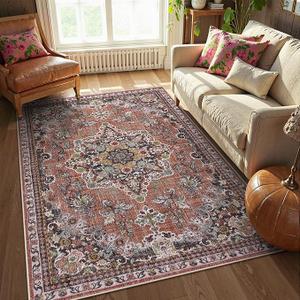 Lahome Oriental Washable Rug for Living Room, Ultra-Thin Soft 8 x 10 Rug Non-Slip Green Boho Rug for Bedroom, Non-Shedding Vintage Area Rug for Dining Room Office (Brow/Multi, 8'x10')