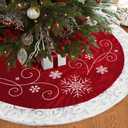 Red Christmas Tree Skirt 32 Inches Snow Sequin Embroidery with White Trim Border Decor for Xmas Holiday Party Ornaments